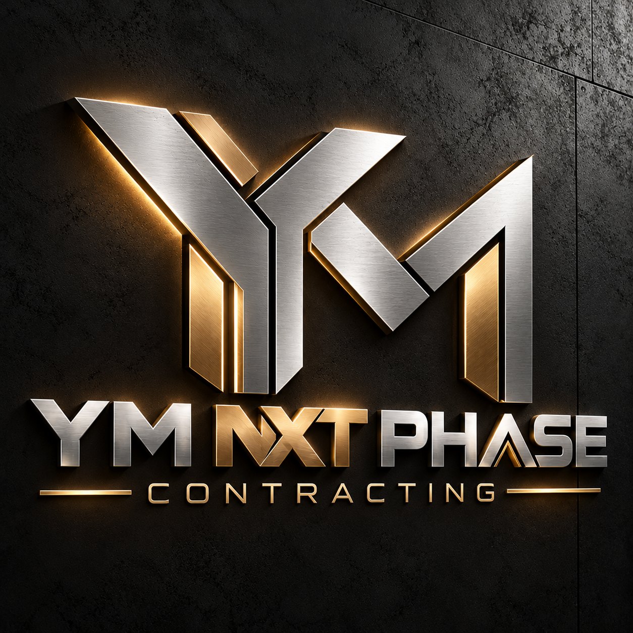 YM NXT PHASE Contracting logo in brushed steel and gold, lit on a dark concrete wall